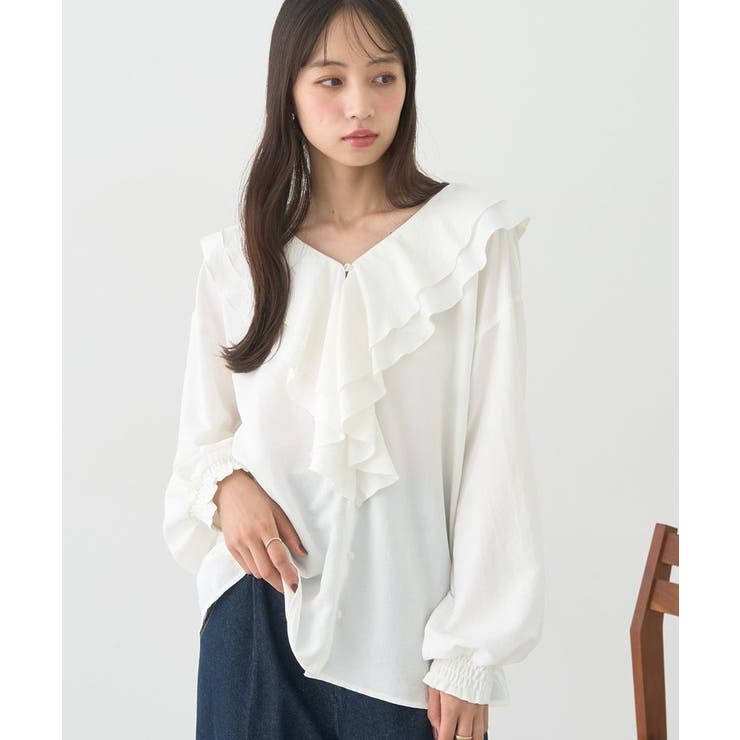オフホワイト | ラッフルカラーブラウス | earth music&ecology 
