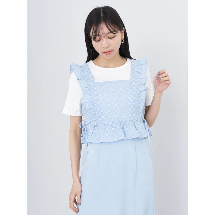 AD2018 19SS リボン刺繍ノースリーブブラウス ベスト ビスチェ 白 サイドリボン刺繍ビスチェ[品番：EMEW0040228]｜earth music&ecology