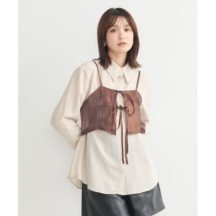 ピンクベージュ | SET2点 ロングシャツ+リボンビスチェ | earth music&ecology 
