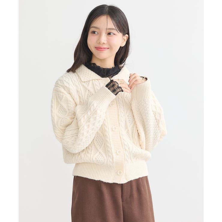衿付きケーブルニットカーディガン[品番：EMEW0046732]｜earth