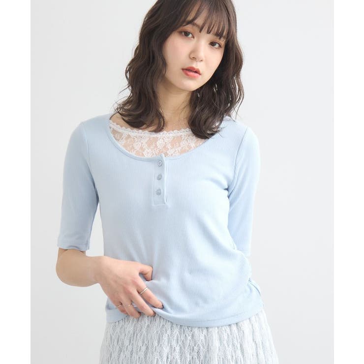 サックスブルー | レースレイヤードリブプルオーバー | earth music&ecology