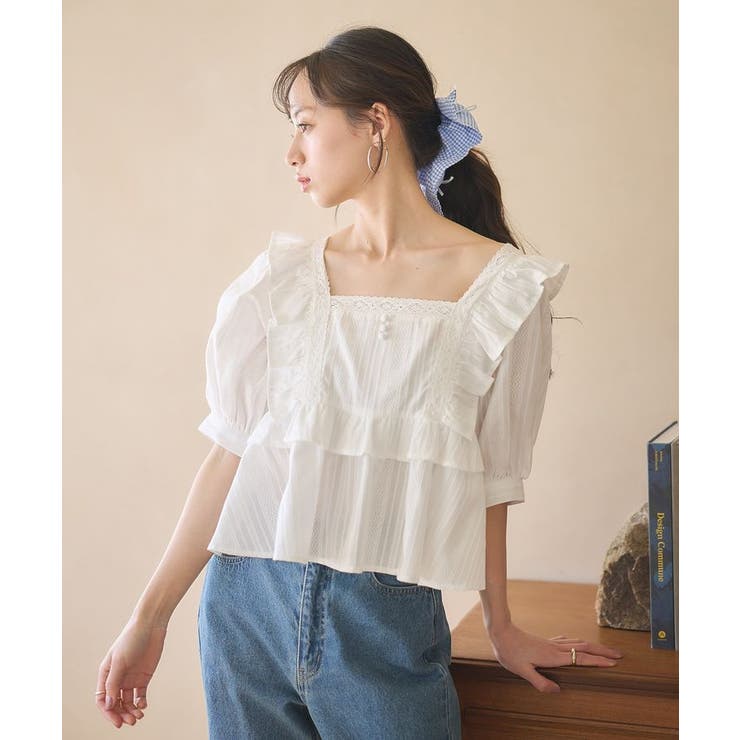 パフスリーブコットンフリルブラウス 25SS 夏 コットン100[品番