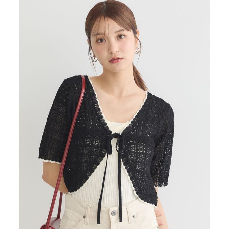 ブラック | ミニスカラップ透かし編みニットカーディガン | earth music&ecology 