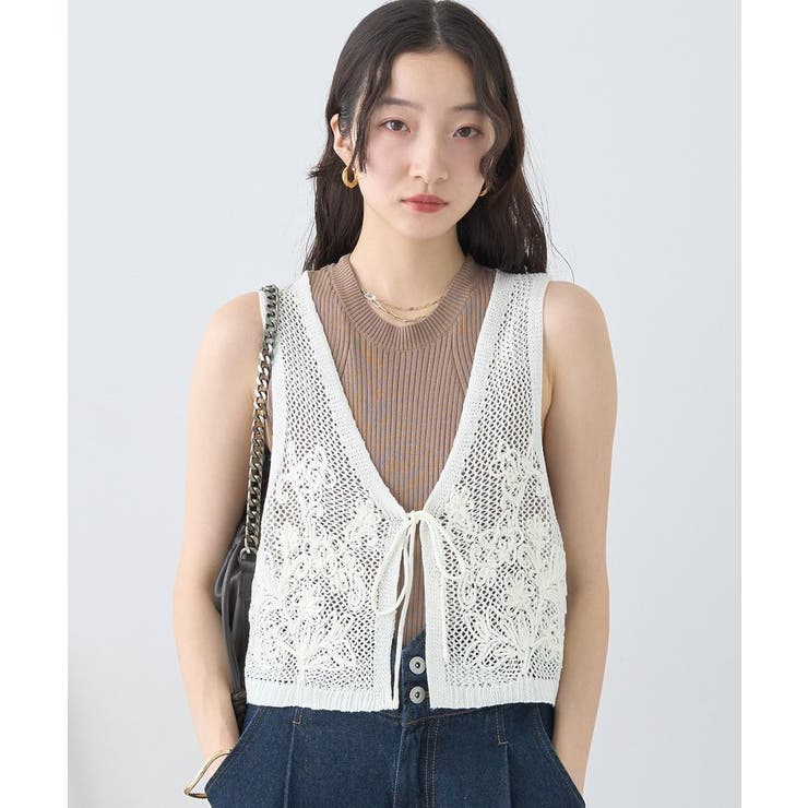 オフホワイト | フラワー刺繍メッシュベスト | earth music&ecology 