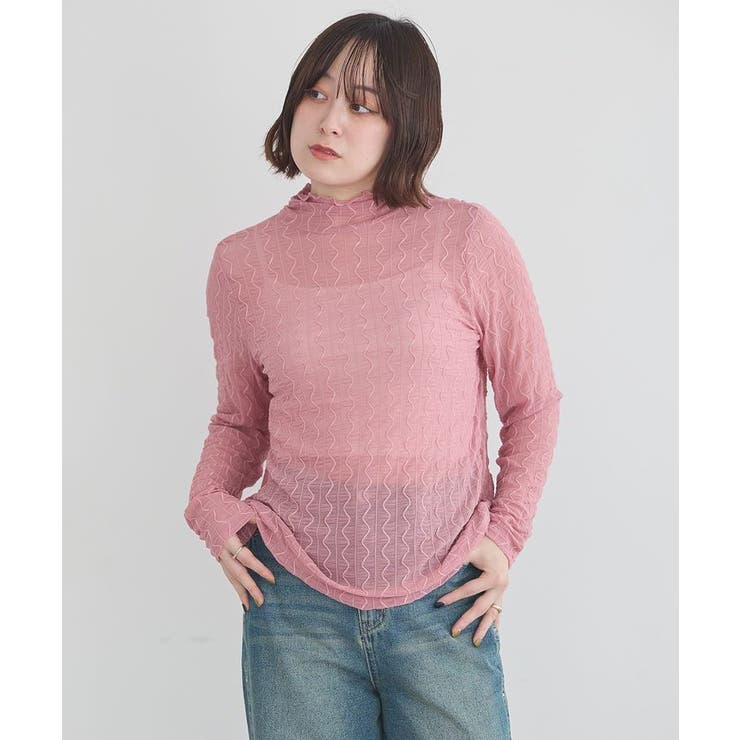 ピンク | ハイネックシアーうねうねプルオーバー | earth music&ecology 