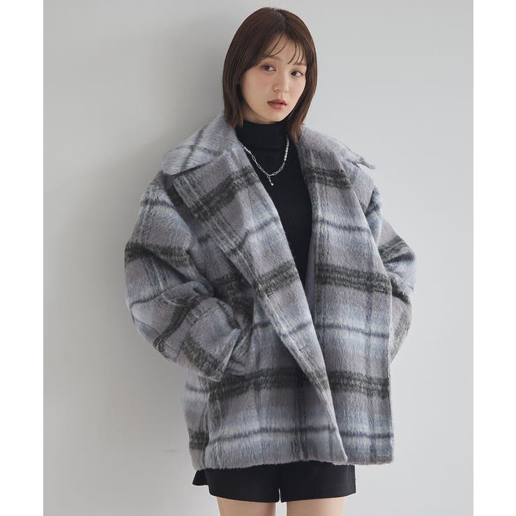 チェックグレー | チェックシャギーコート | earth music&ecology 