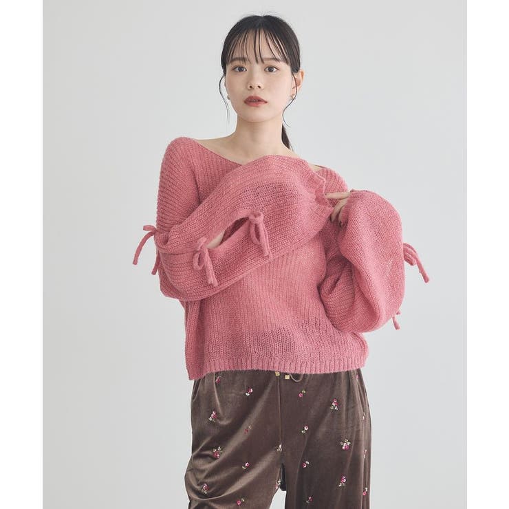 サイドリボン透かしニットプルオーバー[品番：EMEW0050608]｜earth
