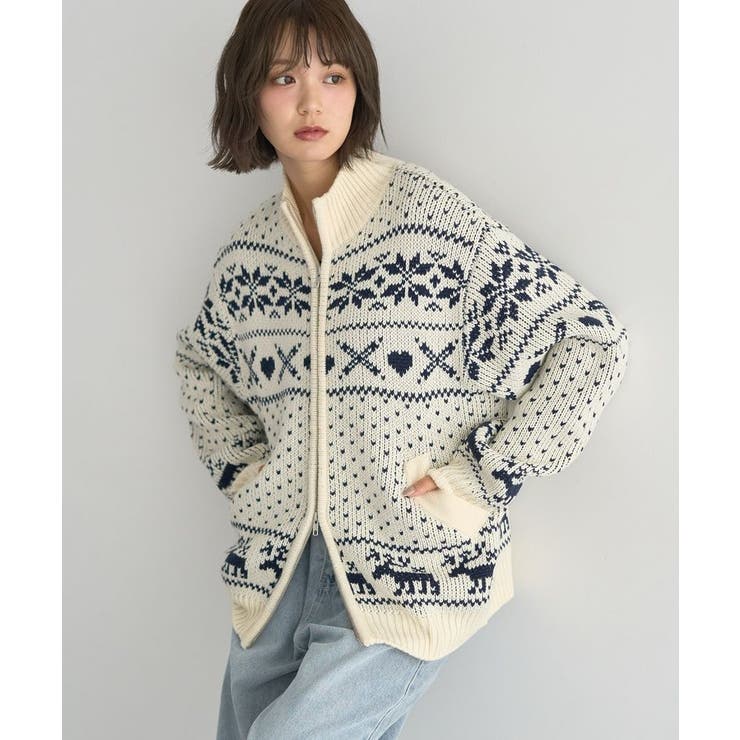 アイボリー | ダブルzipノルディックカウチンニットカーディガン | earth music&ecology 