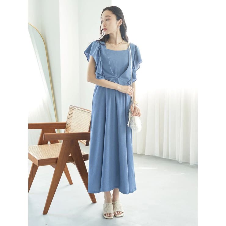 【Sylhet 】petirobe ボリュームショルダー ワンピース SET2点 フリルショルダーツーピースワンピース[品番
