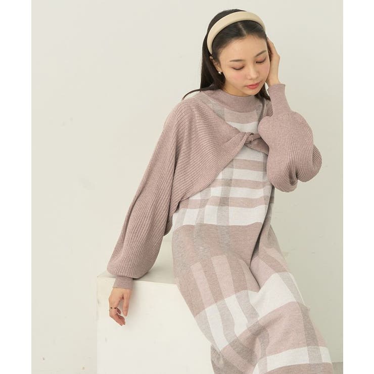 Set2点ショートニット+チェックワンピース[品番:EMEW0046739 Set2点ショートニット+チェックワンピース[品番:EMEW0046739
