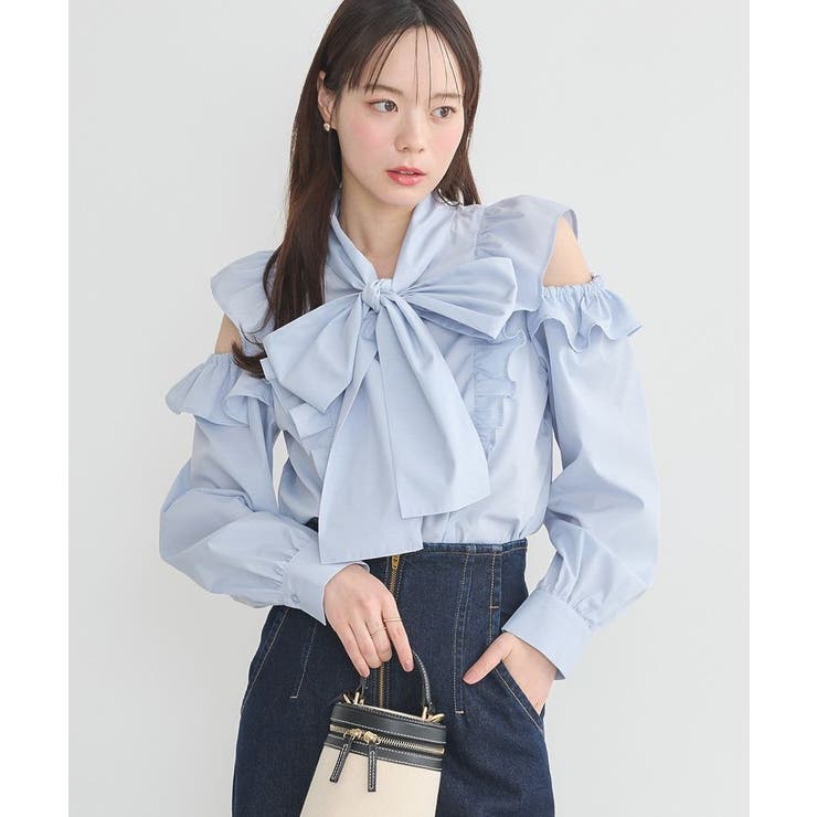 【IRENE】シャツ　ブラウス　黒 リステア リボン　ラッフル 新品タグ付き リボンラッフルブラウス[品番：EMEW0048119]｜earth music&ecology