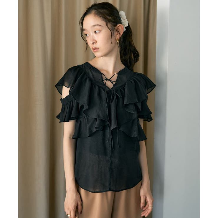 ブラック | 2WAYフリルブラウス | earth music&ecology 