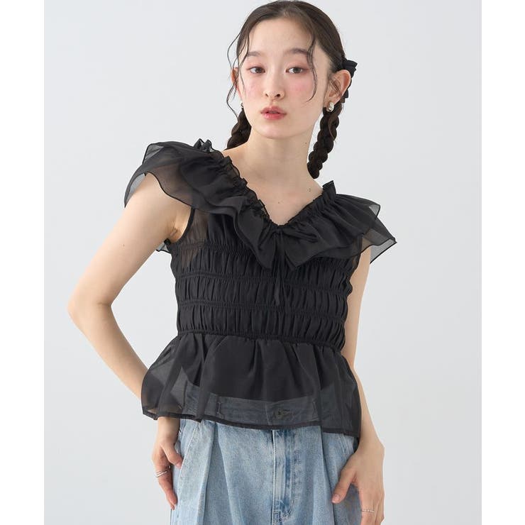 ブラック | ダブルフリルノースリブラウス | earth music&ecology 