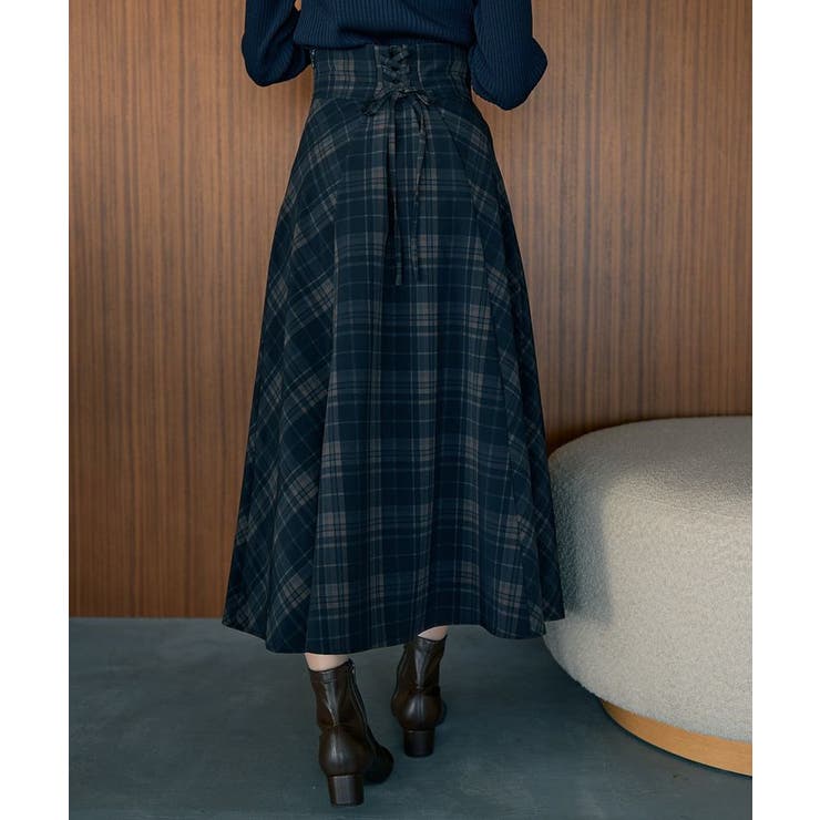 ネイビー | バックレースアップチェックスカート | earth music&ecology