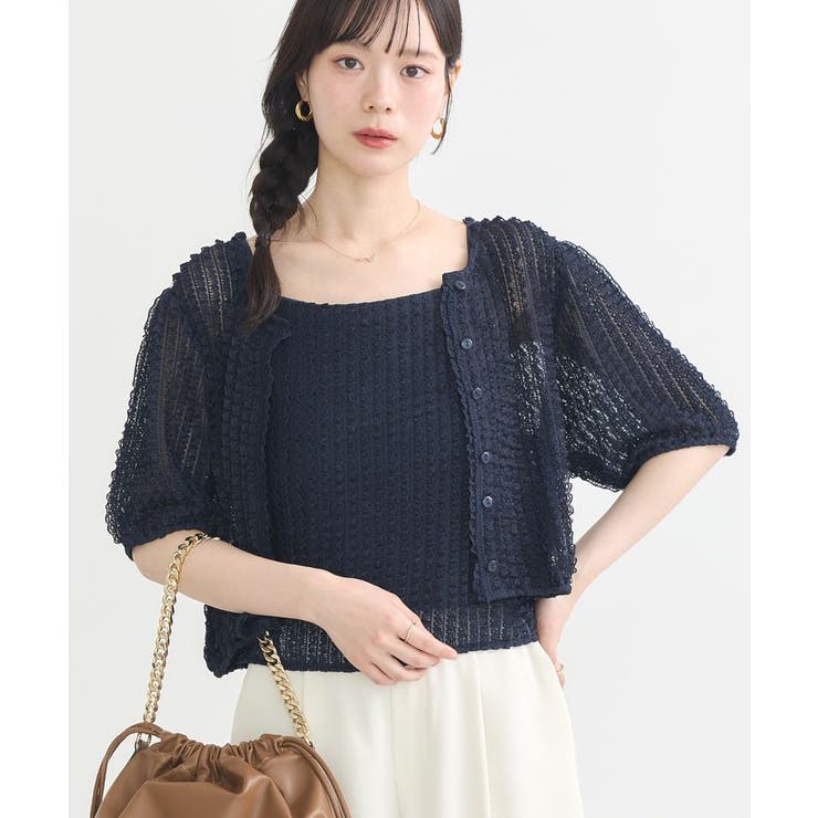 ネイビー | ミニフリルカットレースアンサンブル | earth music&ecology 