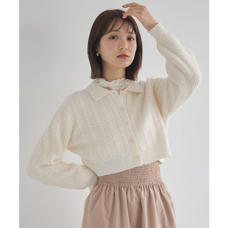 アイボリー | 襟付きケーブルニットジャケット | earth music&ecology 
