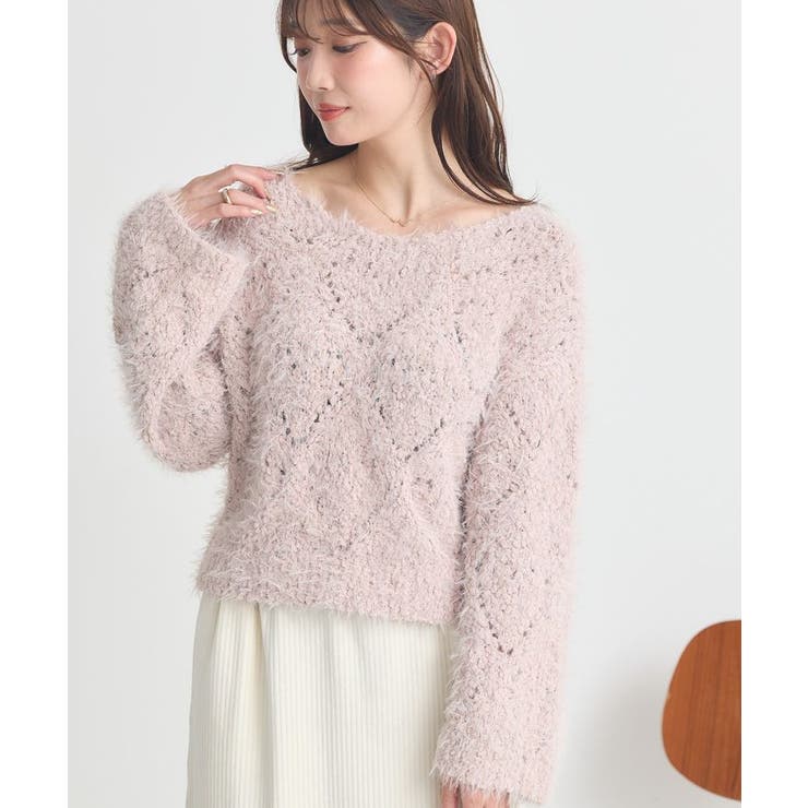 グレイッシュピンク | シャギーミックス透かしハート柄ニット | earth music&ecology 