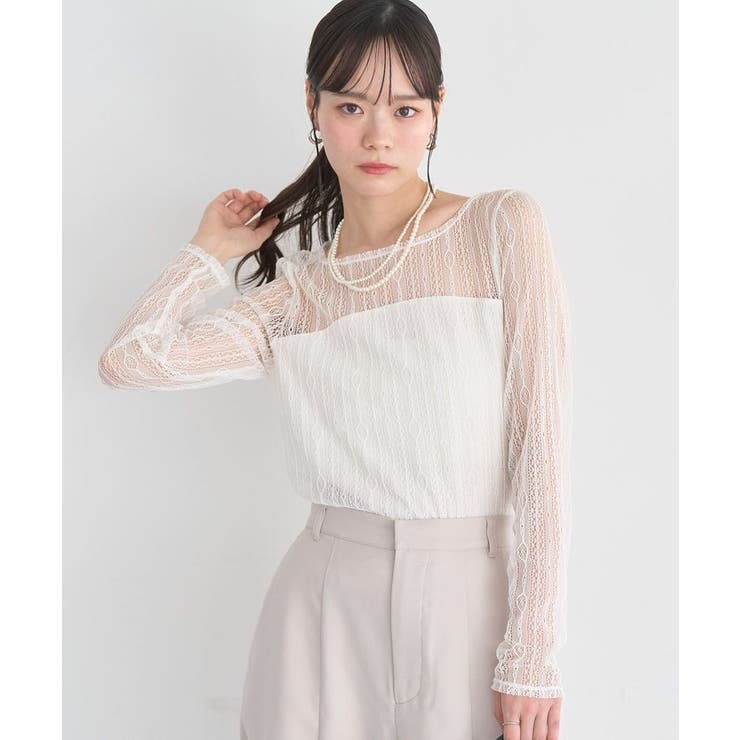 オフホワイト | レースドッキングボートネックプルオーバー | earth music&ecology 