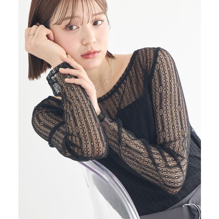 ブラック | レースドッキングボートネックプルオーバー | earth music&ecology 