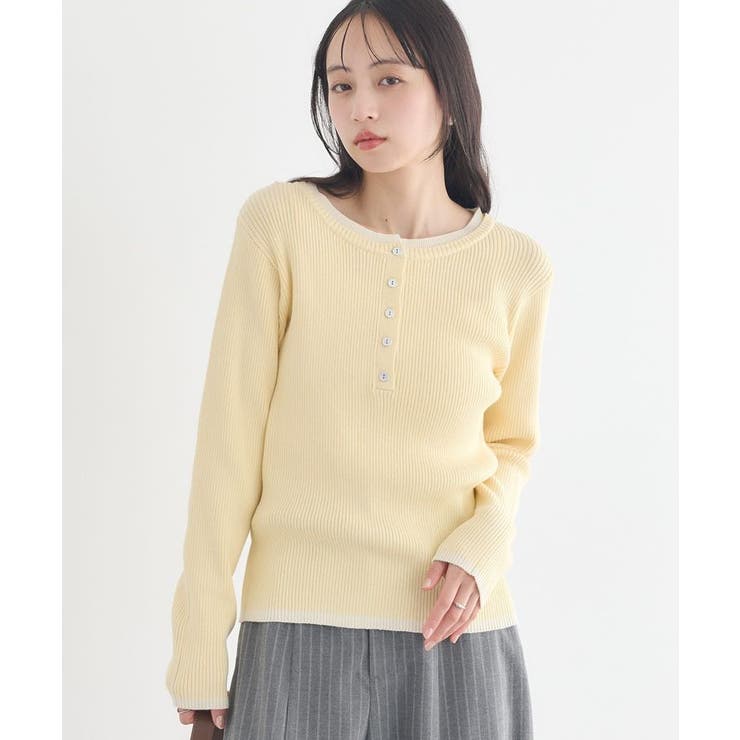 ライトイエロー | バイカラーヘンリーネックニットプルオーバー | earth music&ecology 