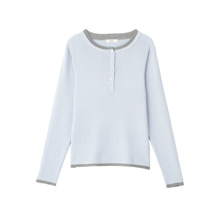 サックスブルー | バイカラーヘンリーネックニットプルオーバー | earth music&ecology 