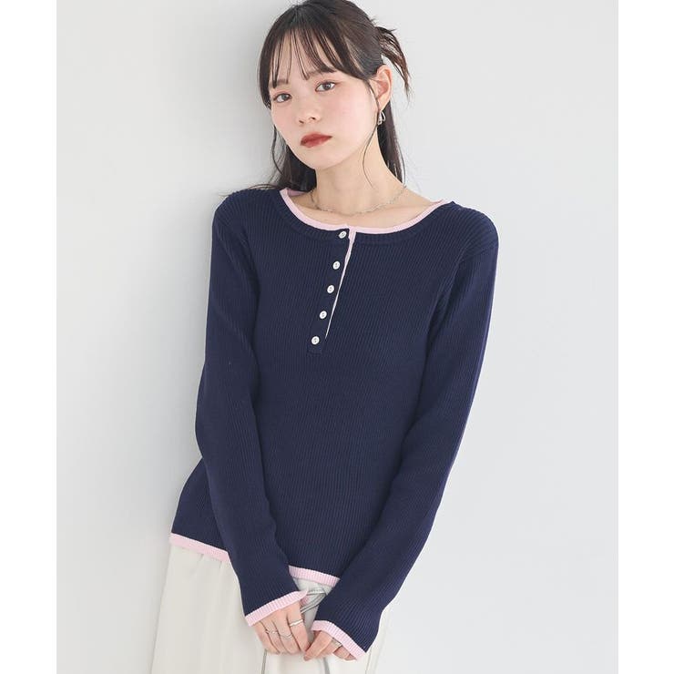 ネイビー | バイカラーヘンリーネックニットプルオーバー | earth music&ecology 