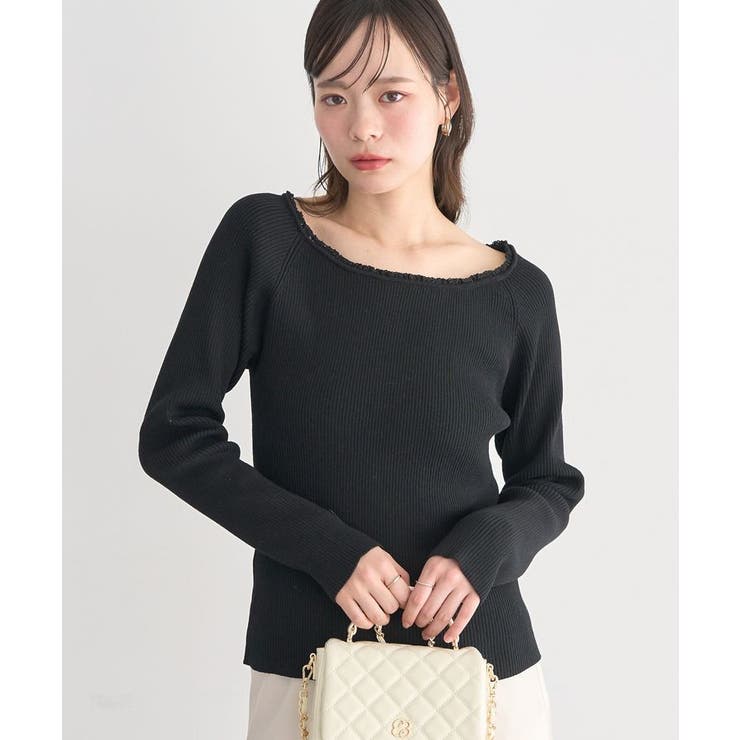 ブラック | レーストリムリブニットプルオーバー | earth music&ecology 