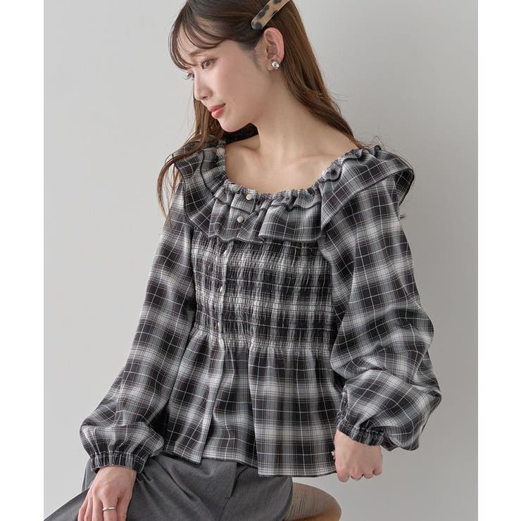 ブラック | チェックシャーリングブラウス | earth music&ecology 
