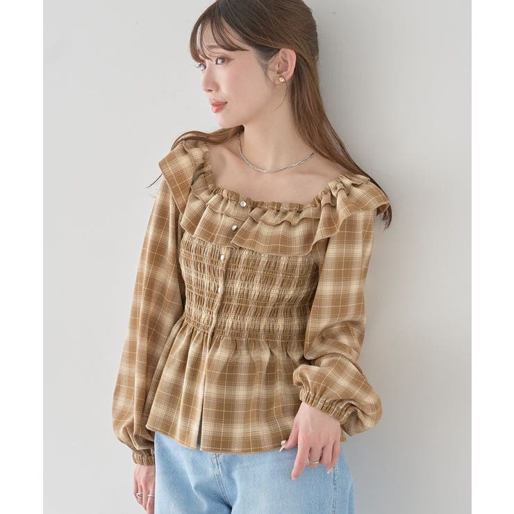 キャメル | チェックシャーリングブラウス | earth music&ecology 