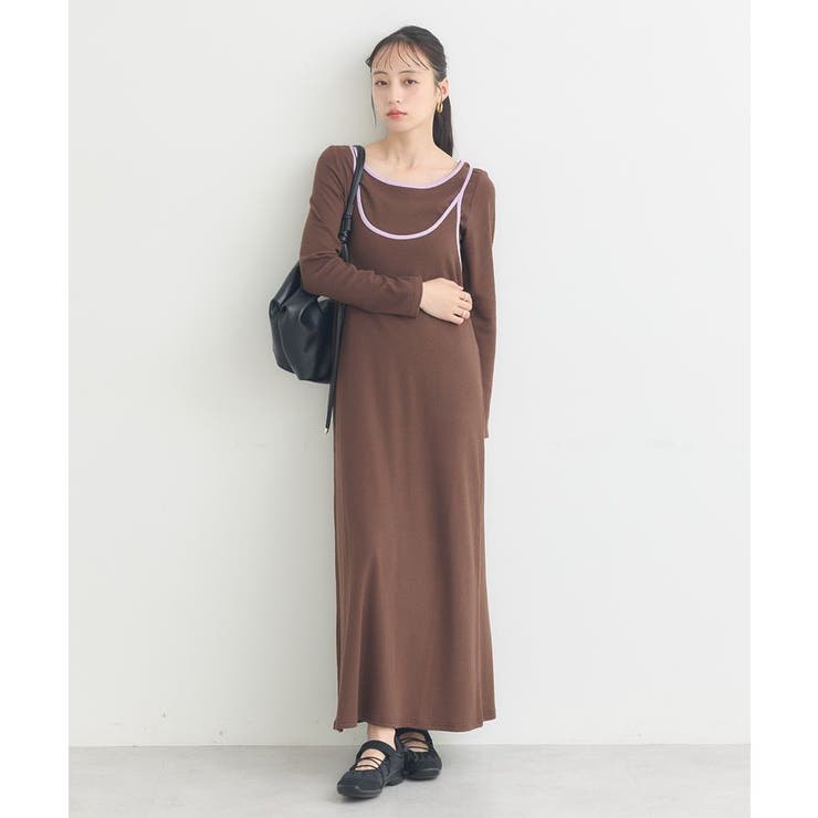 ブラウン | 【2点SET】レイヤードバイカラーカットワンピース | earth music&ecology 