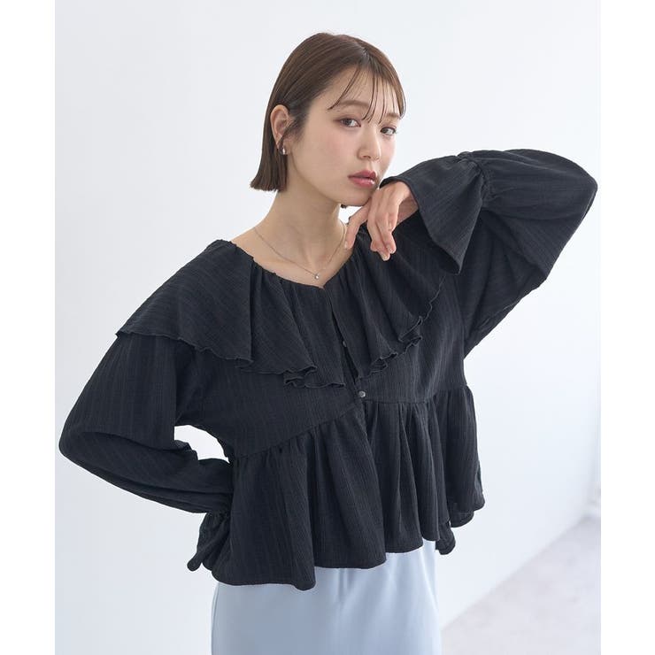 ブラック | ラッフルカラーカットブラウス | earth music&ecology 