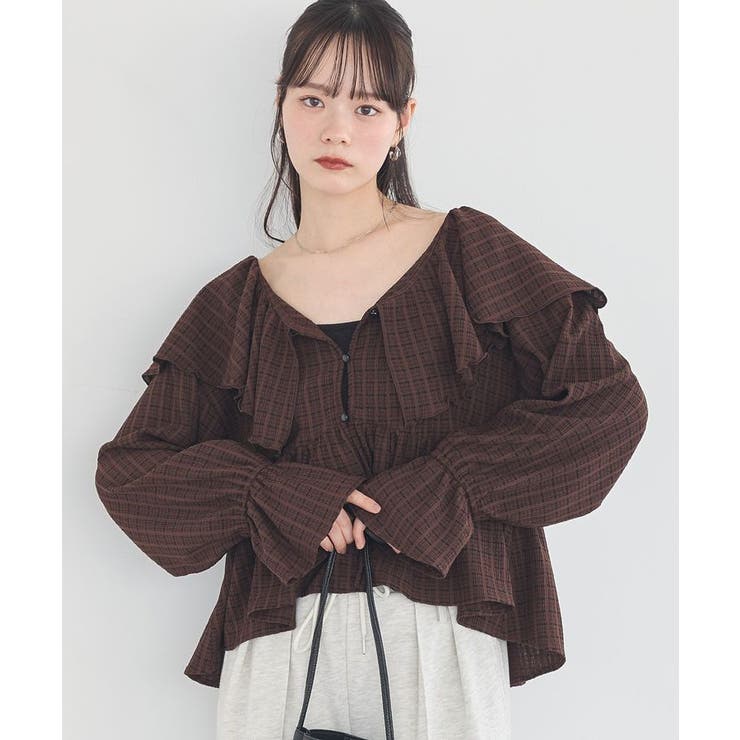 チェックブラウン | ラッフルカラーカットブラウス | earth music&ecology 