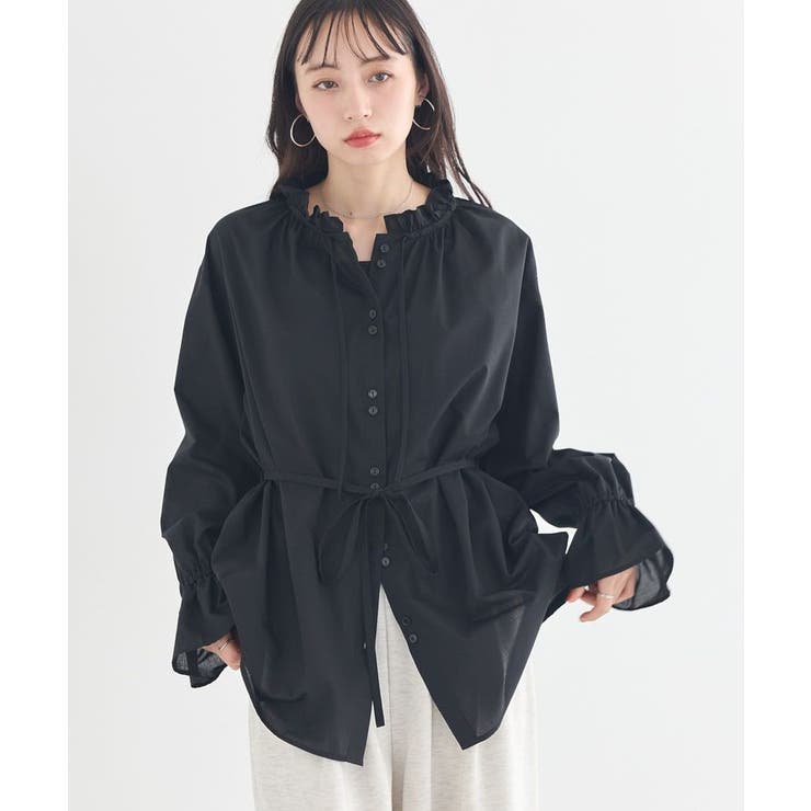 ブラック | 【接触冷感・イージーケア】TRキュプラダブルボタンフリルシャツ | earth music&ecology 