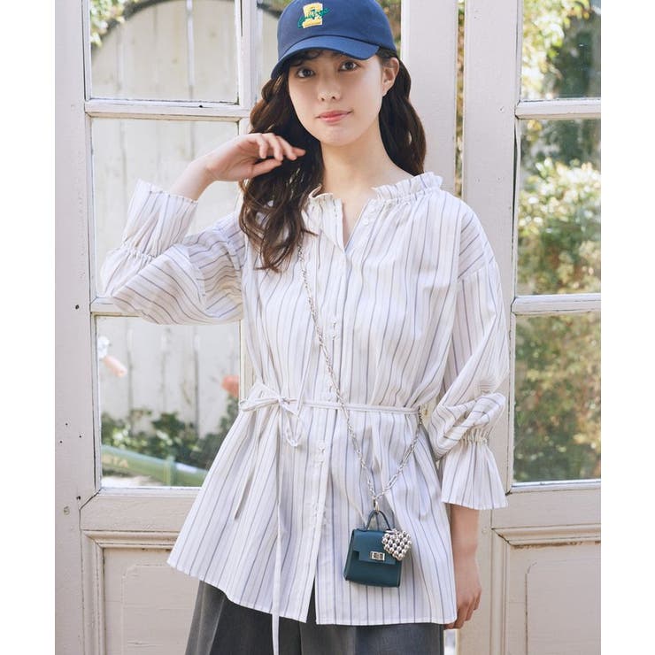 ストライプ | 【接触冷感・イージーケア】TRキュプラダブルボタンフリルシャツ | earth music&ecology 