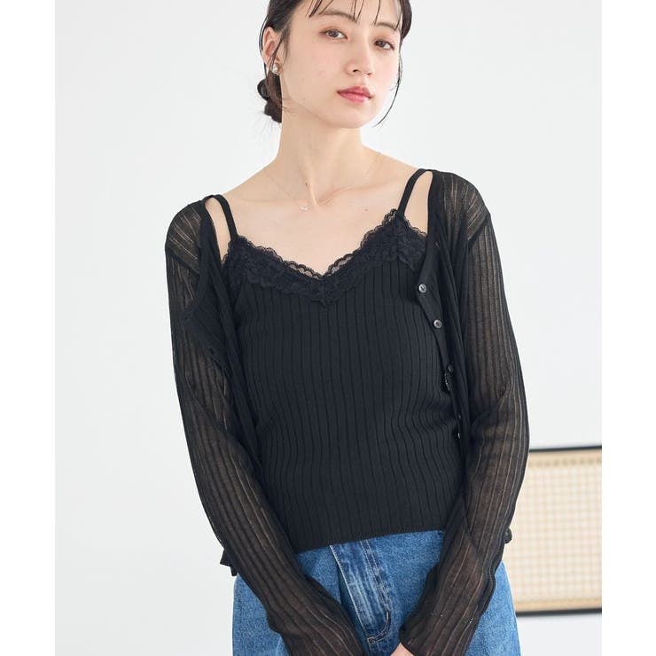 ブラック | レースリブキャミソール | earth music&ecology 