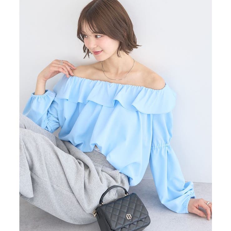 ブルー | 2wayオフショルバルーンヘムフリルブラウス | earth music&ecology 