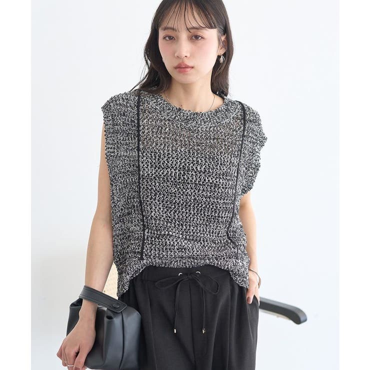 ブラック | 配色ラインMIXニットベスト | earth music&ecology 