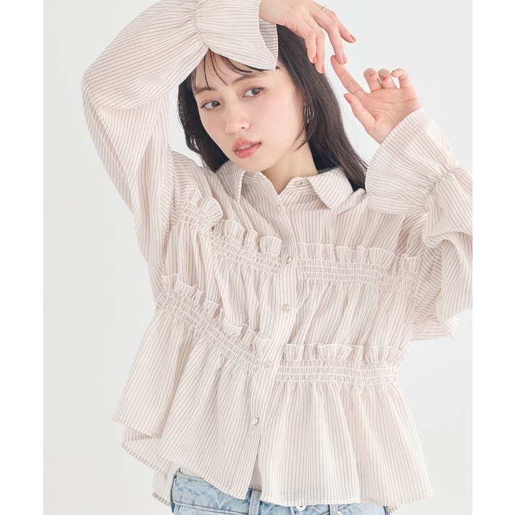 ストライプベージュ | シャーリングストライプシャツ | earth music&ecology 