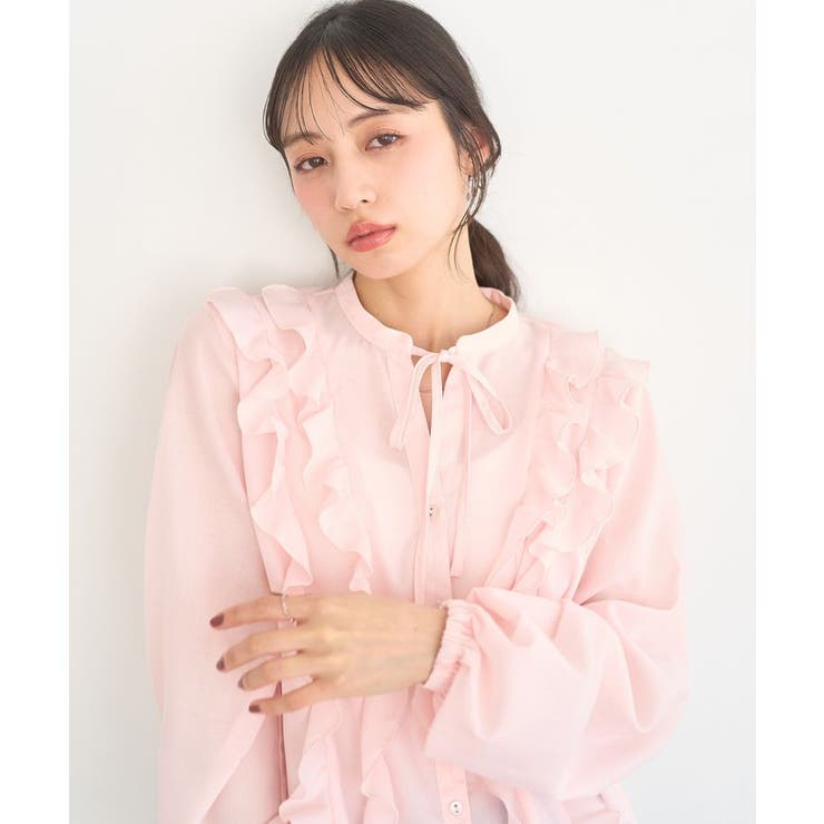 ピンク | フリルリボンブラウス | earth music&ecology 
