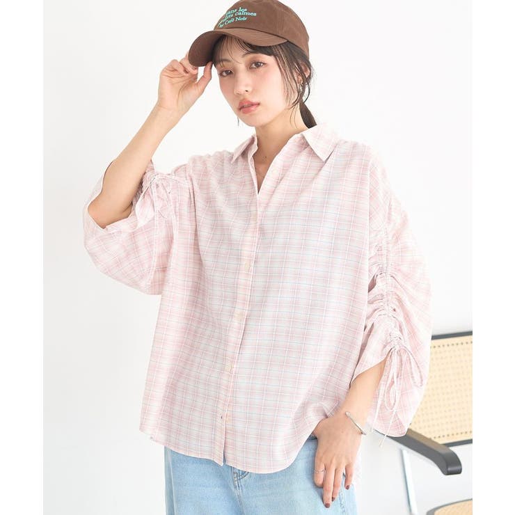 ピンク | シャーリングスリーブチェックシャツ | earth music&ecology 