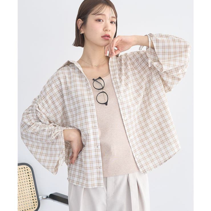 ライトベージュ | シャーリングスリーブチェックシャツ | earth music&ecology 