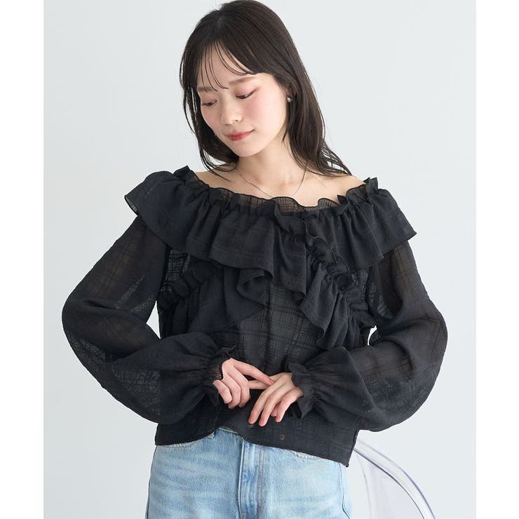 ブラック | シアーチェック2wayオフショルブラウス | earth music&ecology 