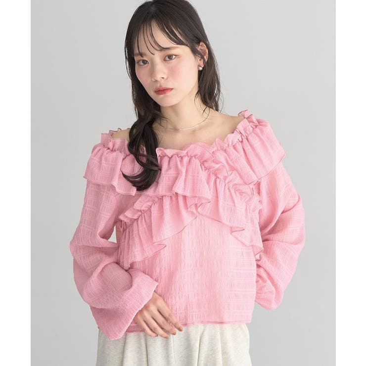 ピンク | シアーチェック2wayオフショルブラウス | earth music&ecology 