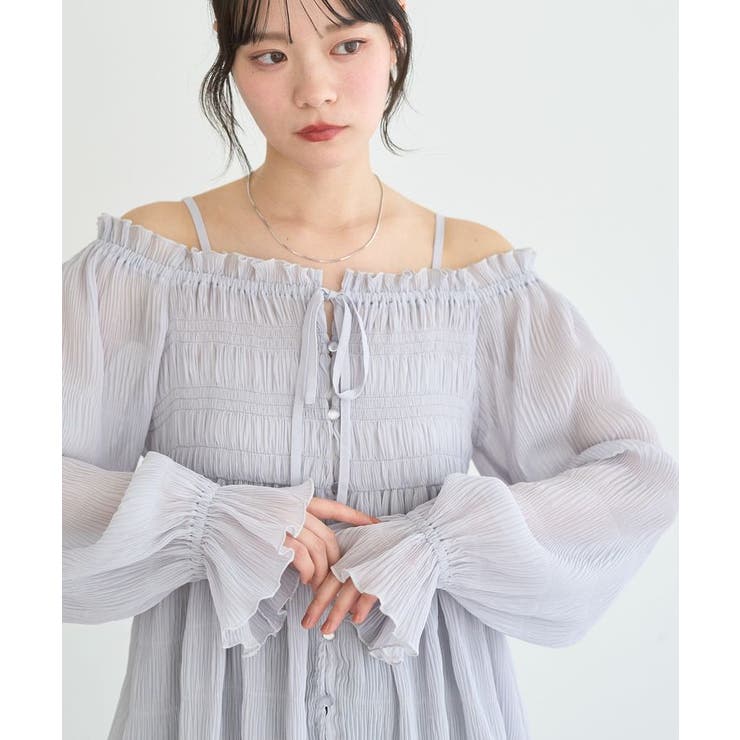 ライトグレー | シャーリングフリルオフショルブラウス | earth music&ecology 