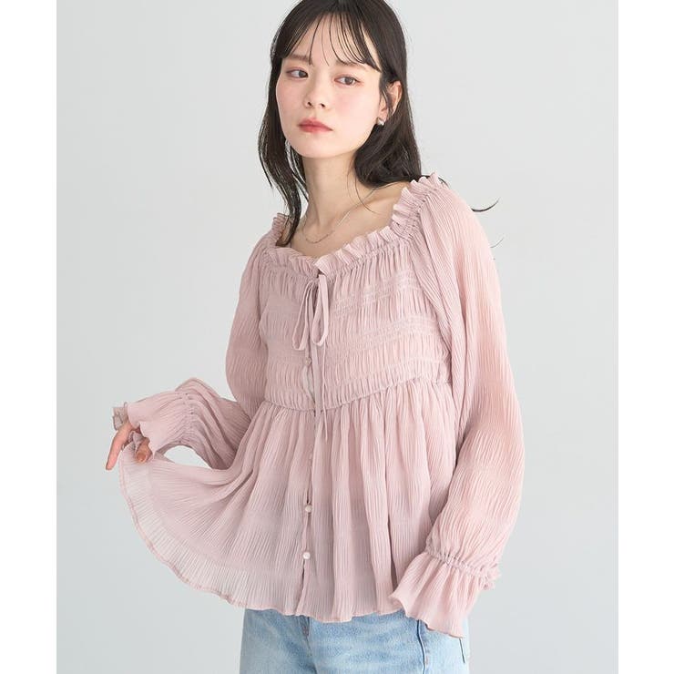 ピンクベージュ | シャーリングフリルオフショルブラウス | earth music&ecology 
