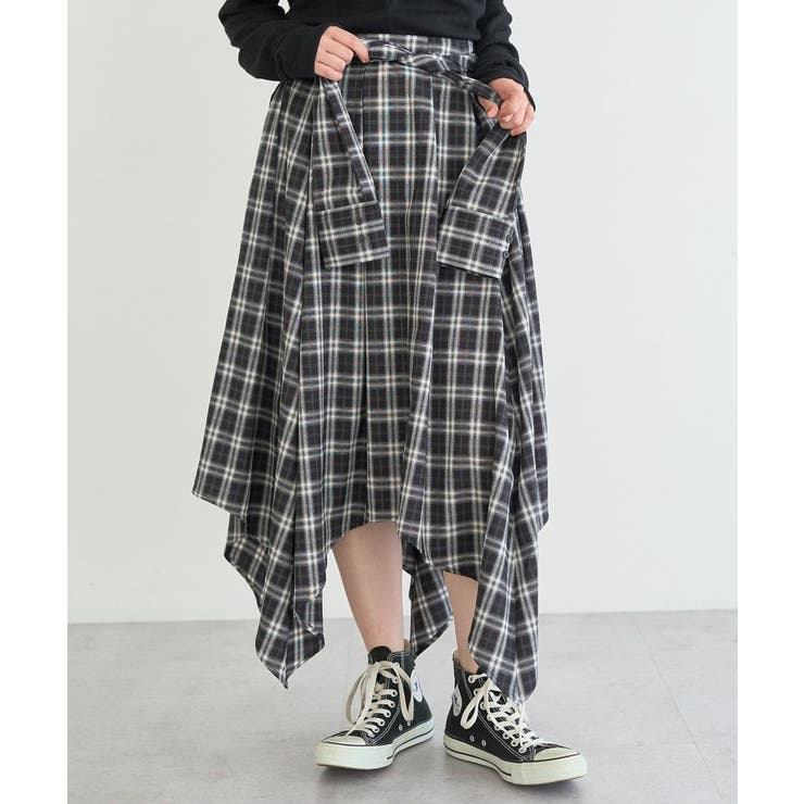 ブラック | イレヘムチェックシャツライクスカート | earth music&ecology 