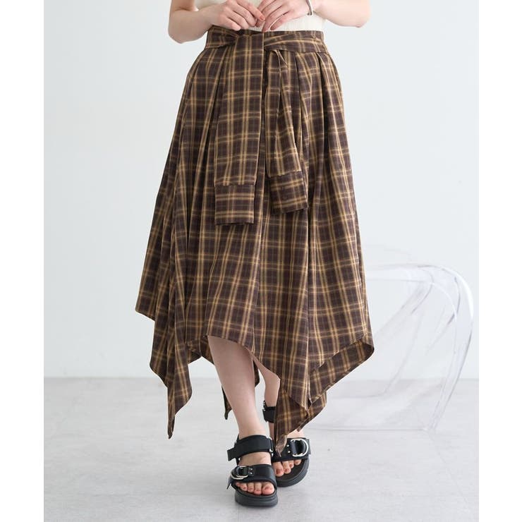 ブラウン | イレヘムチェックシャツライクスカート | earth music&ecology 