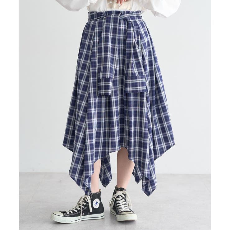 ネイビー | イレヘムチェックシャツライクスカート | earth music&ecology 