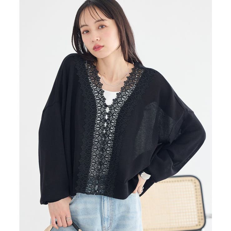 ブラック | レーストリムシアーニットカーディガン | earth music&ecology 