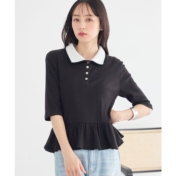 ブラック | ダブル衿ペプラムプルオーバー | earth music&ecology 